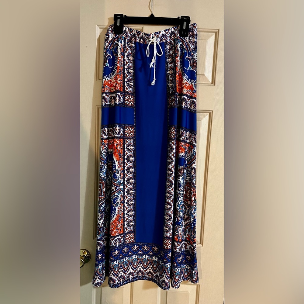 Boho Maxi Skirt Blue Orange Geometric New Directions Curvy Retro Vibe Gypsy 0X